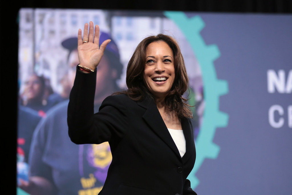 Future Vice President U.S. Senator Kamala Harris (then a U.S. Senator form California) waves to attendees at the 2019 National Forum on Wages and Working People, organized by the Center for American Progress Action Fund and SEIU, held at the Enclave in Las Vegas, Nevada.