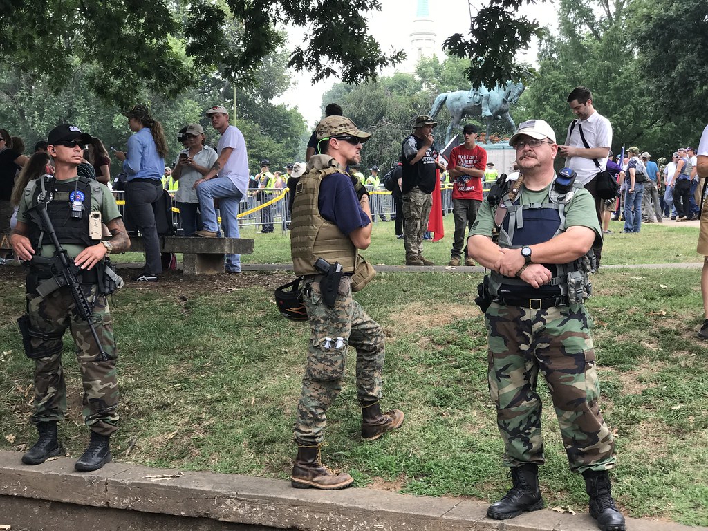 Members of theThree Percent militia (III%) patrol Emancipation Park during the "Unite the Right" rally in Charlottesville, Virginia, on August 12, 2017. (Photo by Anthony Crider, Flickr/CC BY 2.0)