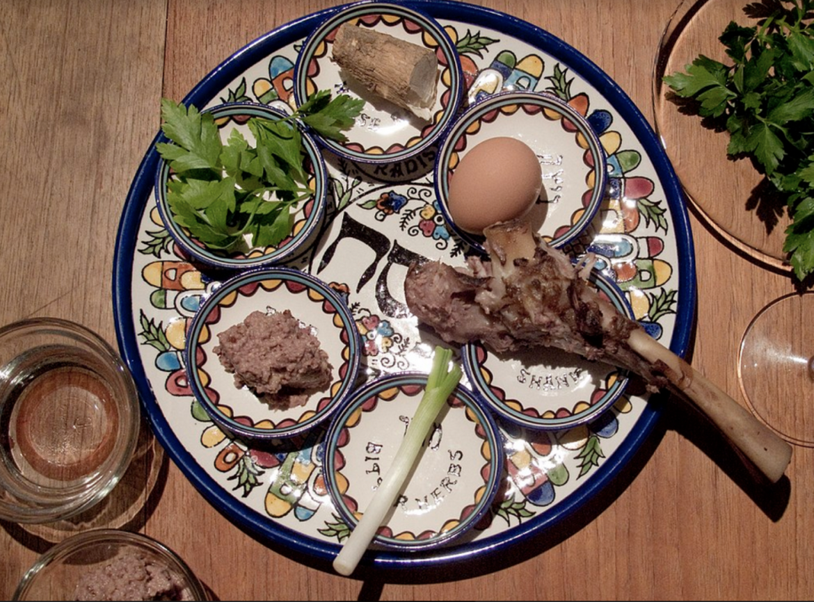 A traditional Seder Plate set for the Passover celebration.