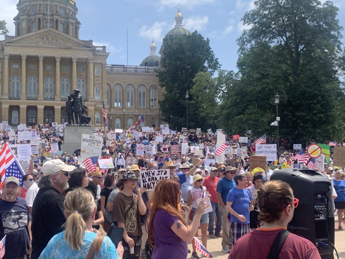 Thousands gather at Iowa Capitol to protest Trump’s birthday military parade