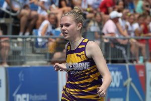 (Track Stars Shine At State) Feske crosses the line in the second heat of the 100-meter dash (photo by CJ Eilers)