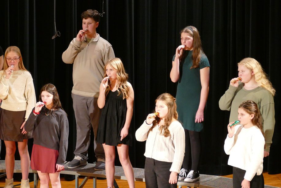 The Lake Mills sixth grade chorus played kazoos for the song “Have a Holly Jolly Christmas” at their winter concert.