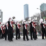 Drum major Cooper Blaser leads the brass section as the Forest City Marching Band performs in Chicago’s St. Patrick’s Day Parade. (Photo by Zach Raulie)
